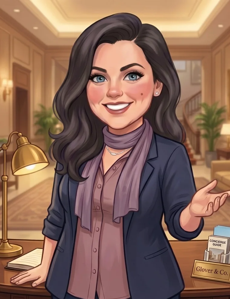 Concierge Erin at the hotel front desk, welcoming guests with an open hand