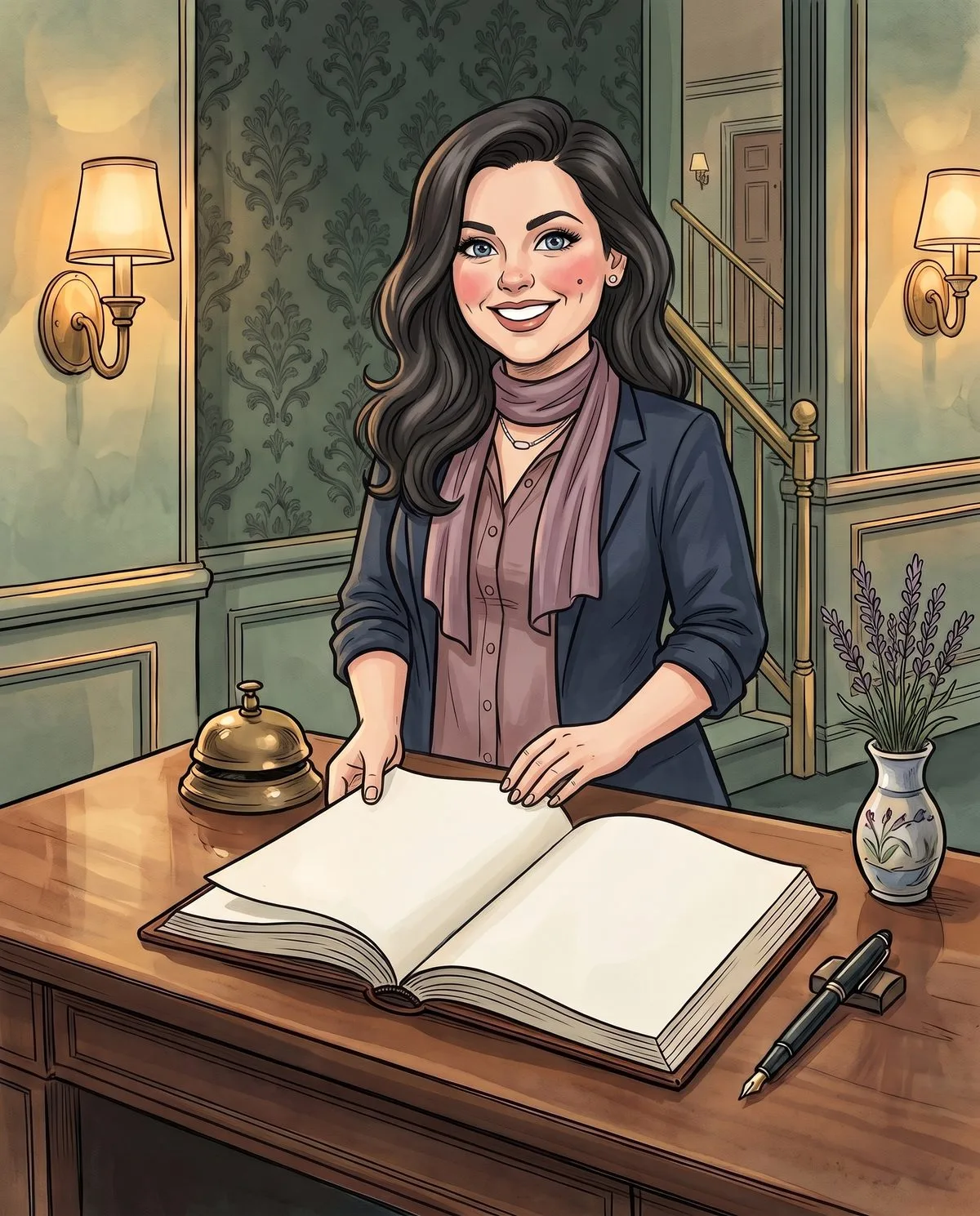 Illustrated Erin, the hotel concierge, smiling behind the front desk as she turns an open guest book toward the visitor