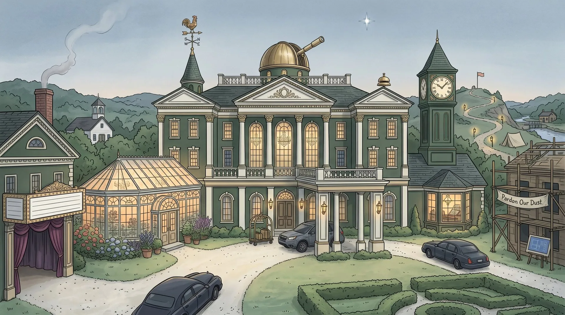 The Grand Hotel at dusk: a green manor with a brass observatory dome, a glowing conservatory, a theater, a clock tower and a car at the front entrance