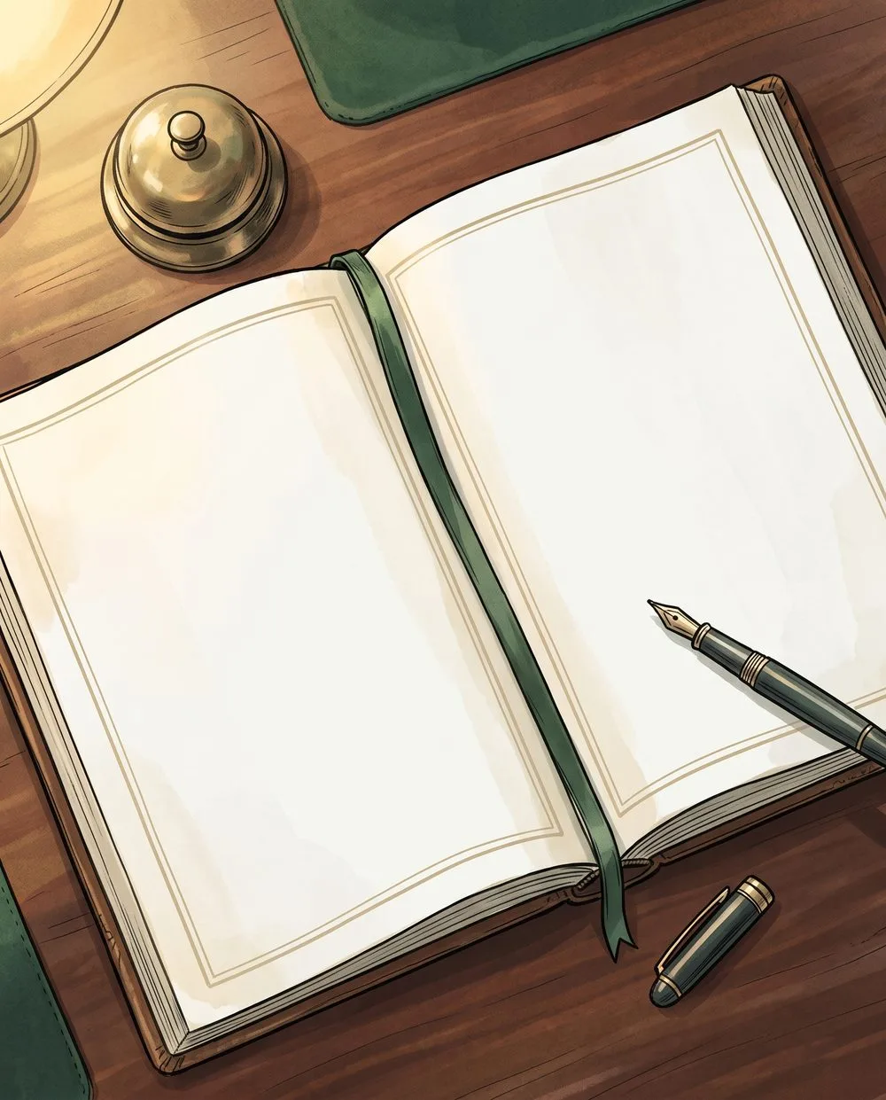 An open guest book on a hotel desk, a fountain pen resting on the blank page beside a brass bell